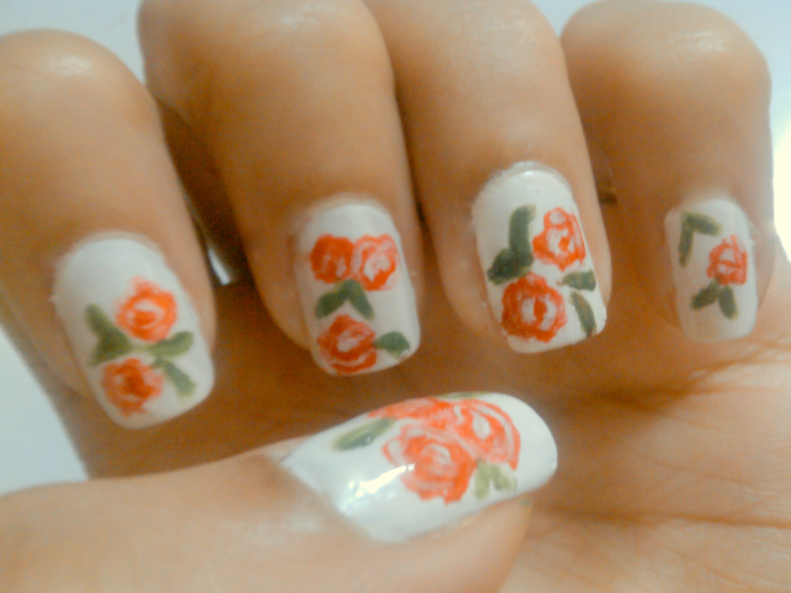 Nail Art Tutorial-Red Florals on White base