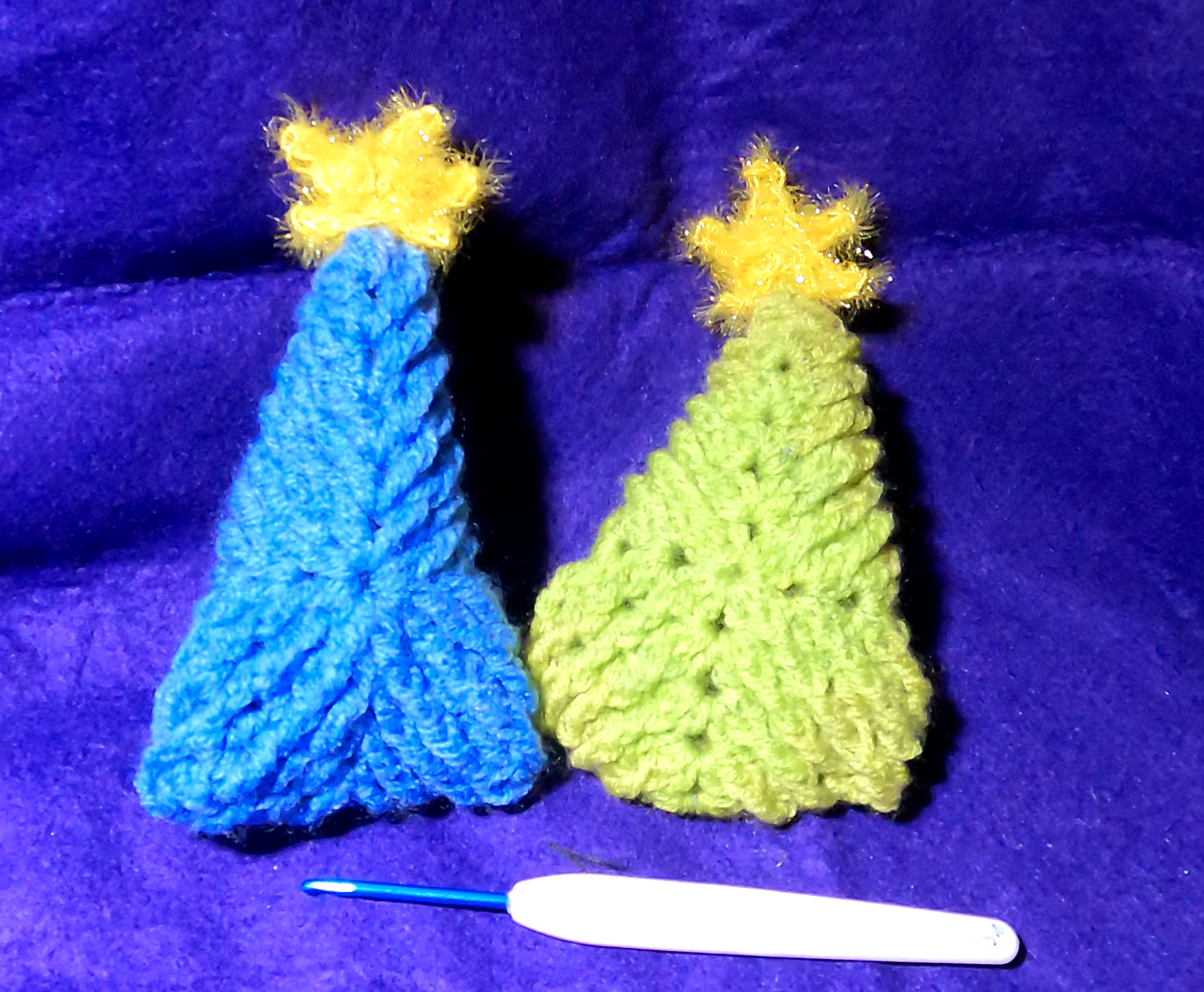Mosaic Granny and Full Front-Post Granny Square Tree Ornaments (crochet)