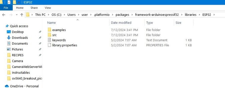 Use the Platformio Library Manager to Include the Espressif Camera Library Example Files