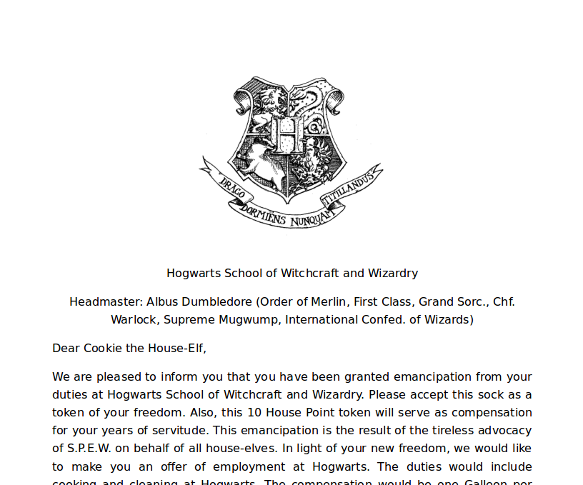 House Elf Emancipation Letter