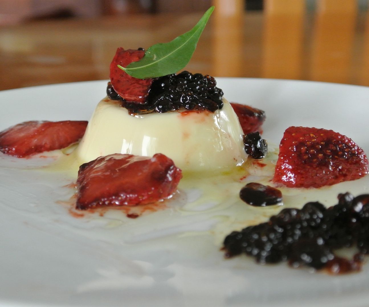 Balsamic Pearls (molecular Gastronomy) on Olive Oil Panna Cotta With Caramelized Strawberries