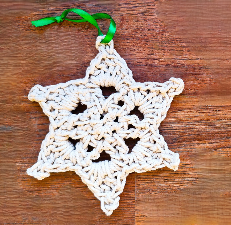 Folksy Crochet Snowflake Ornament With Macrame Cord