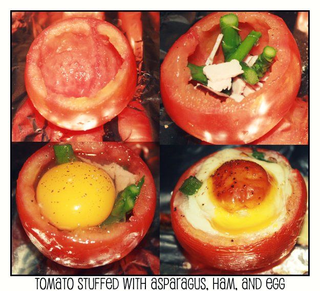 Baked Eggs, Ham, Asparagus in Tomato Cups