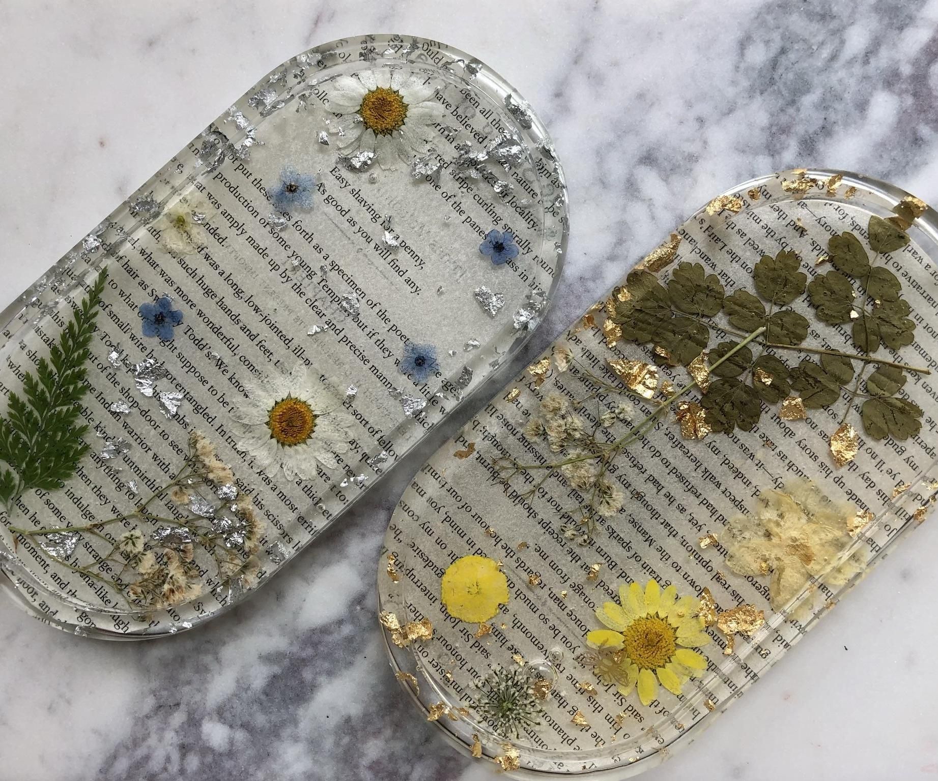 Book Page + Pressed Flowers Oval Resin Tray