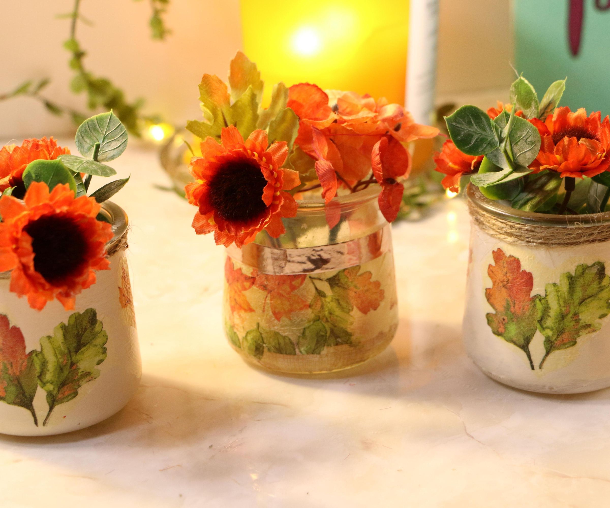 FALL FLORAL DISPLAY USING GLASS YOGURT JARS