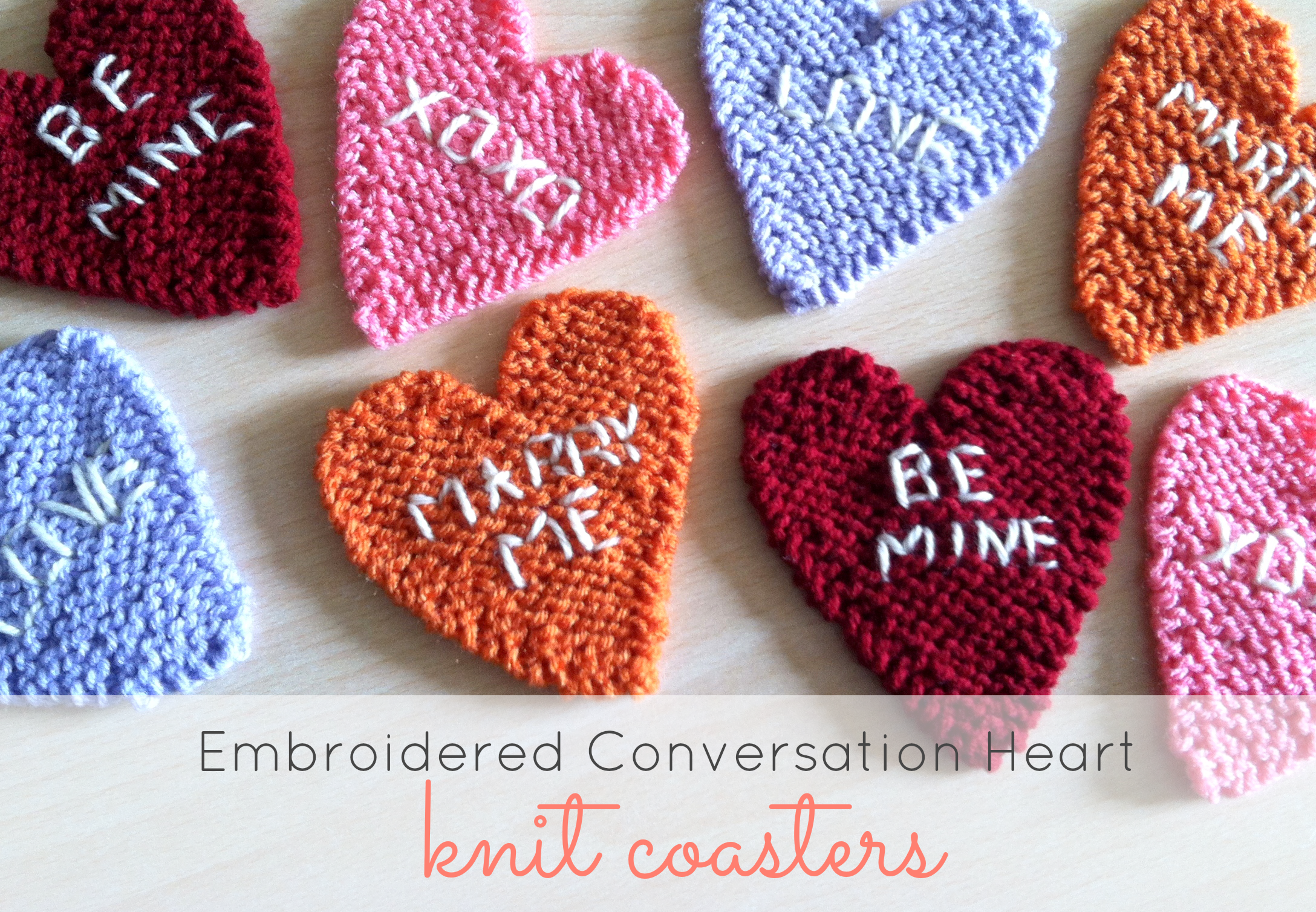 Embroidered Conversation Heart Knit Coasters