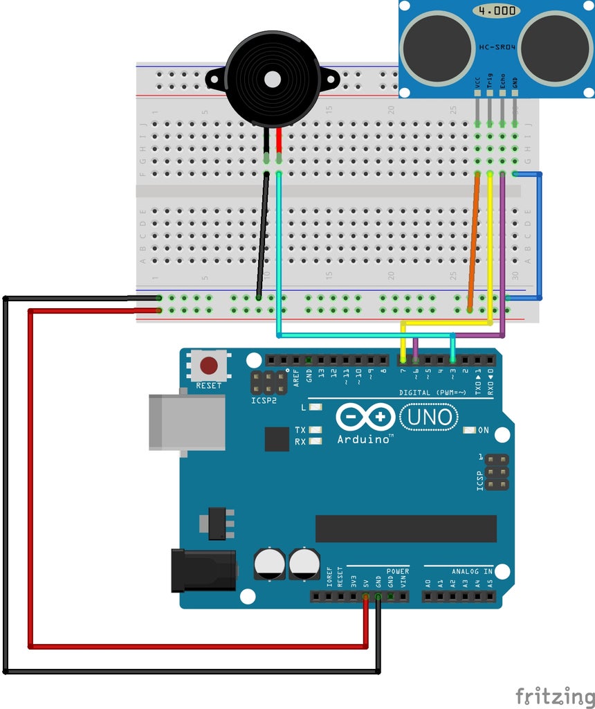UltraSonic Proximity Alarm 5 Steps with Pictures Circuit Diagram