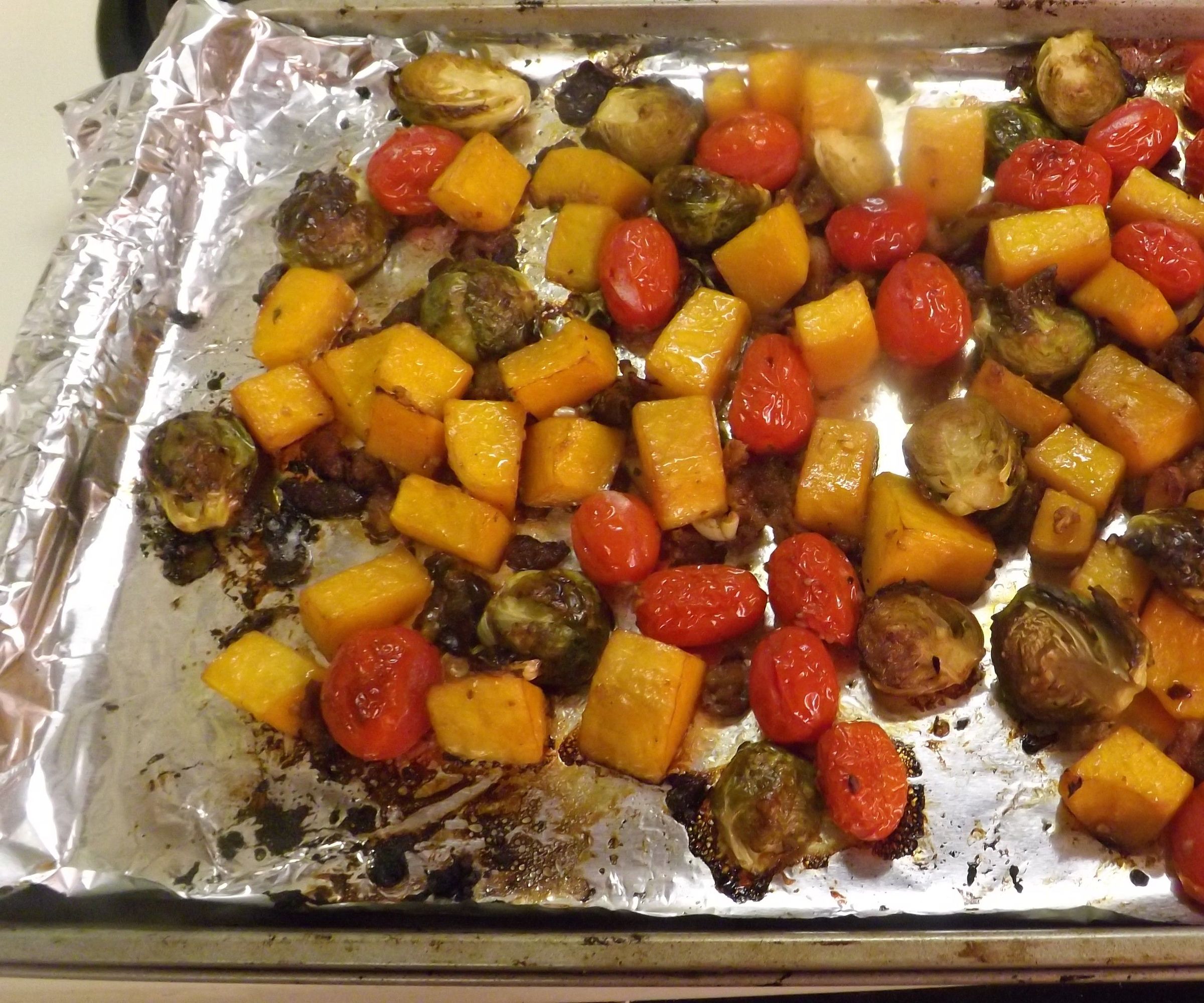 BALSAMIC ROASTED BRUSSELS SPROUTS, BUTTERNUT SQUASH & GRAPE TOMATOES