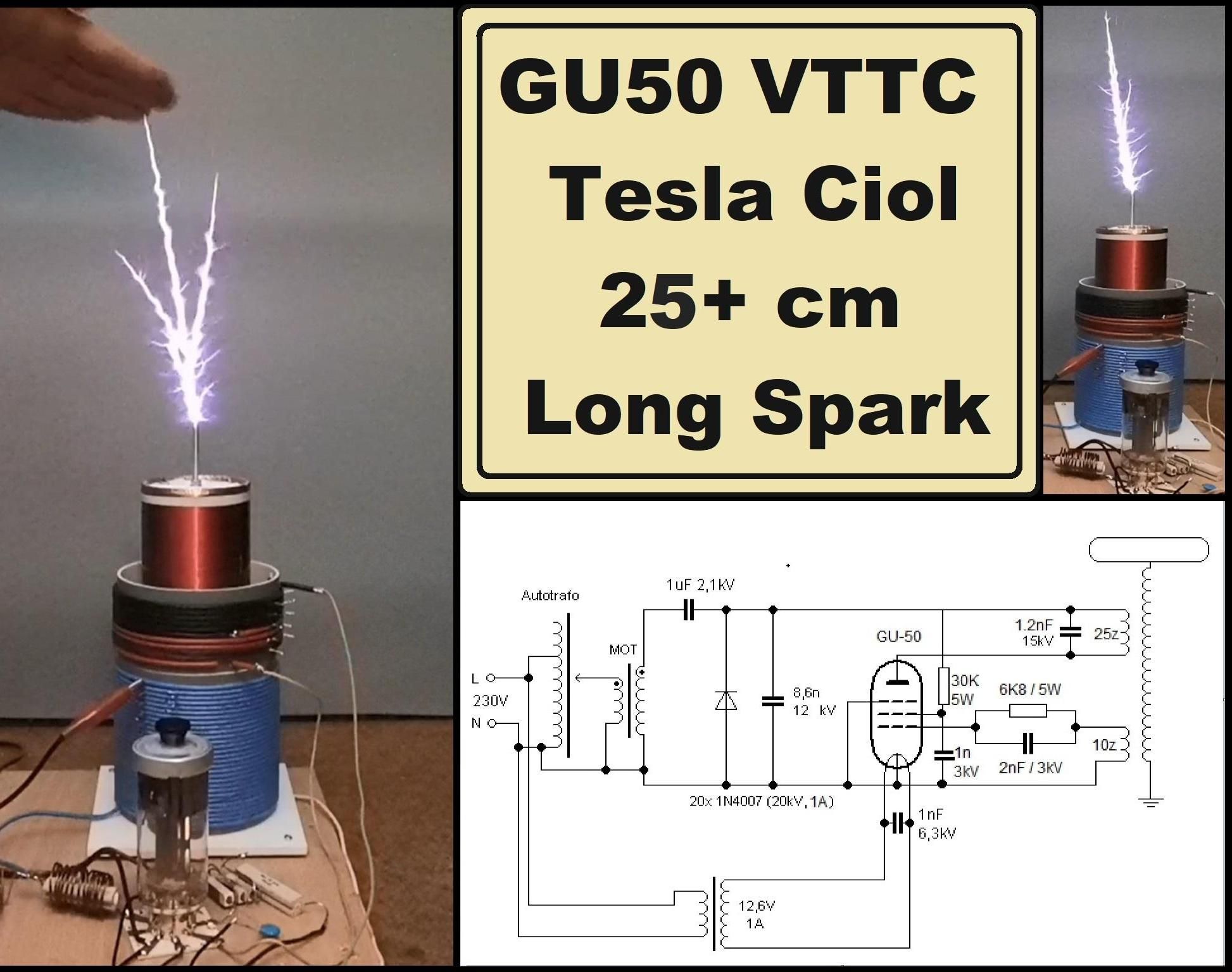 Simple GU50 VTTC Tesla Coil With MOT (25+cm Spark)