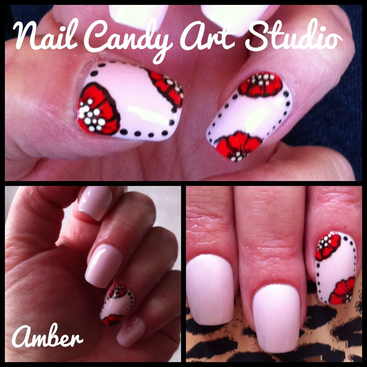Pink With Red Flowers Nail Art Design