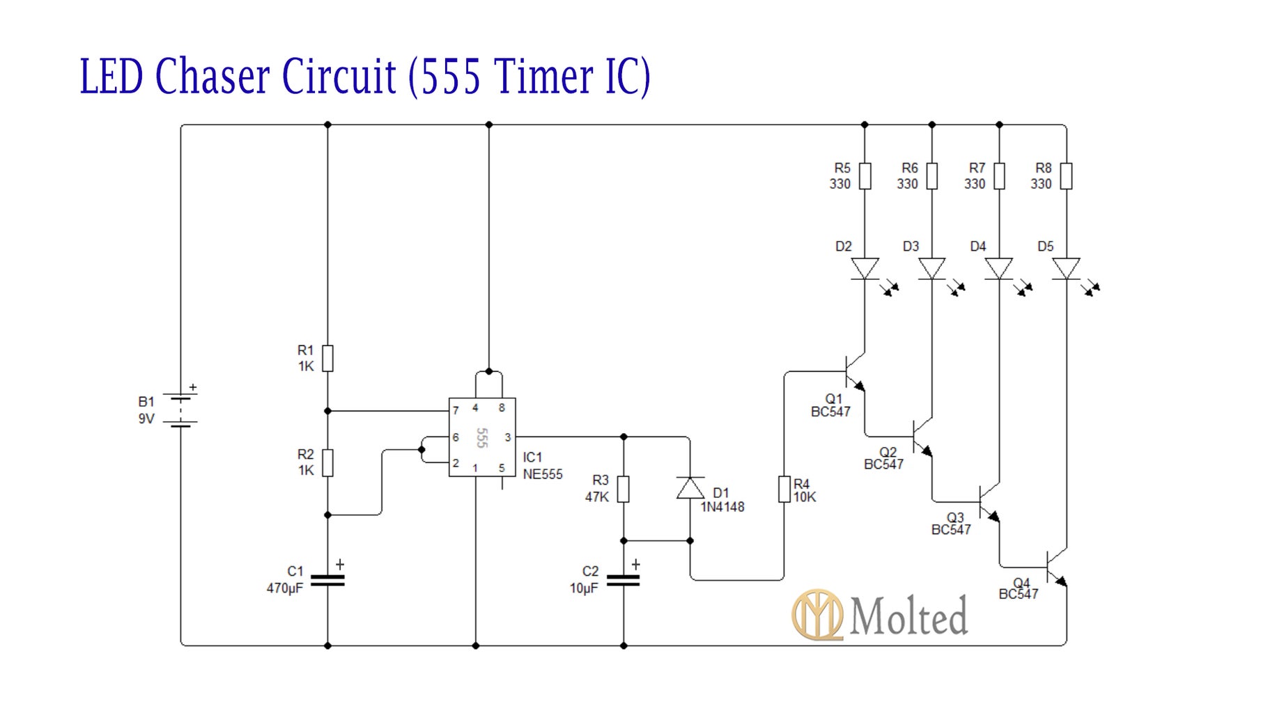 Three Ways to Make LED Chaser Circuit With Speed Control Back and Circuit Diagram