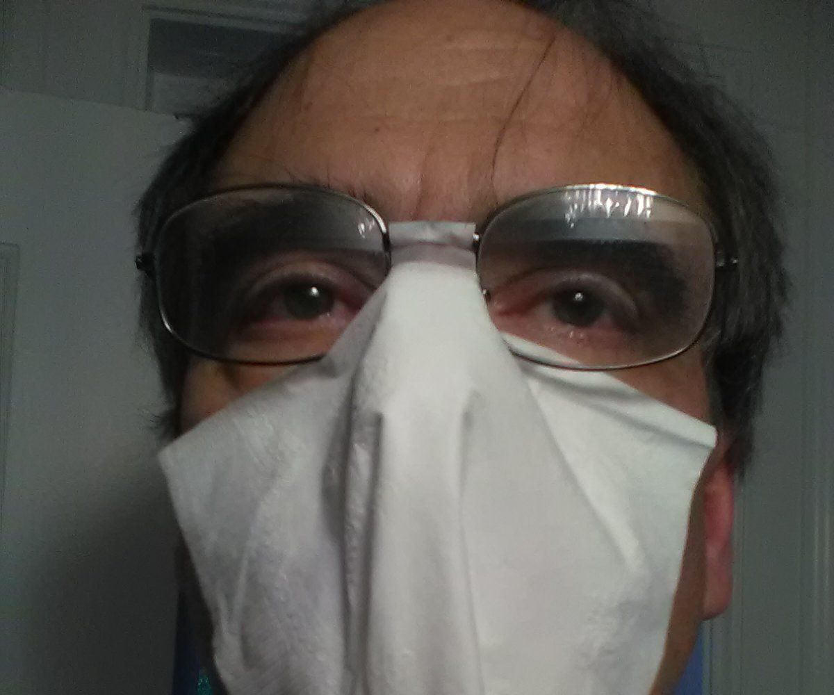 An Instant Social Distancing Mask From Eyeglasses, Napkin and Tape.