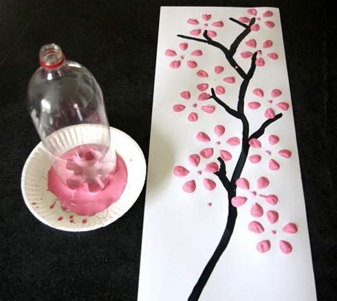 Make Cherry Flower With Bottle Bottom and Water Color