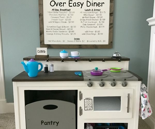 Kids White Play Kitchen DIY With Farmhouse Style, for About $50.