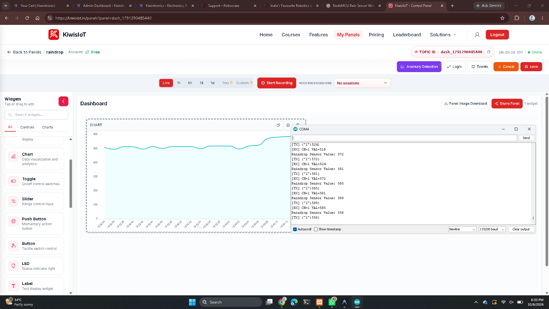 KiwisIoT Dashboard แสดงค่าจาก Rain Sensor