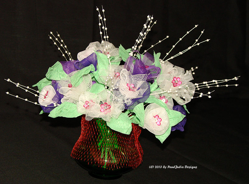 A Bouquet of Flowers Made From Garlic Mesh Bags