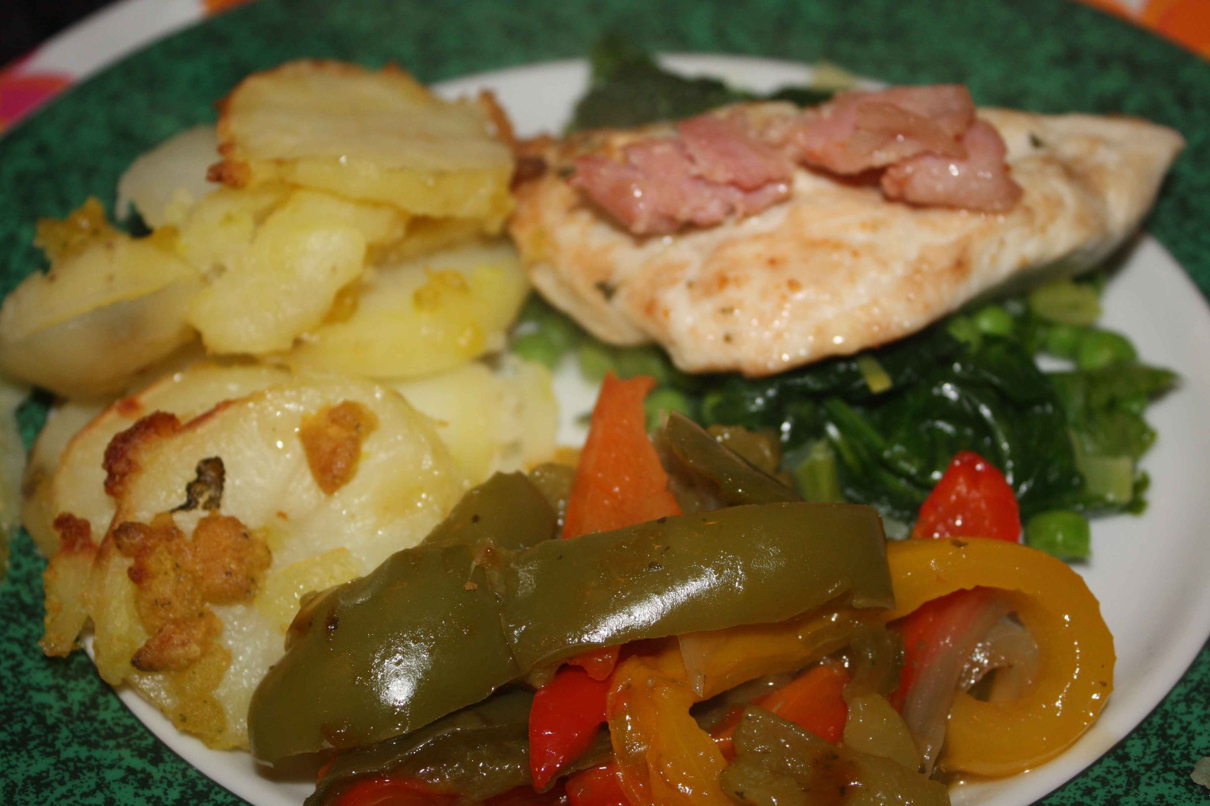 Golden Chicken, Braised Greens and Potato Gratin