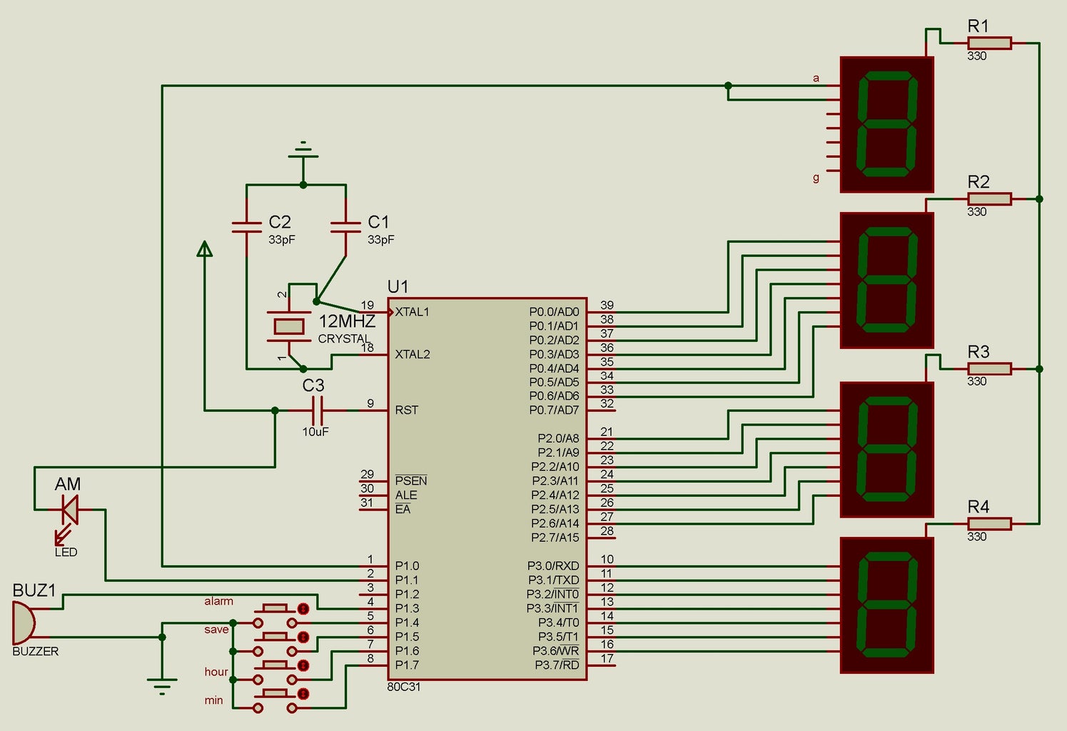 Digital Clock Using Microcontroller AT89S52 Without RTC Circuit 4 Circuit Diagram