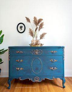 Vintage Dresser Painted in Blue and Gold | Furniture Makeover