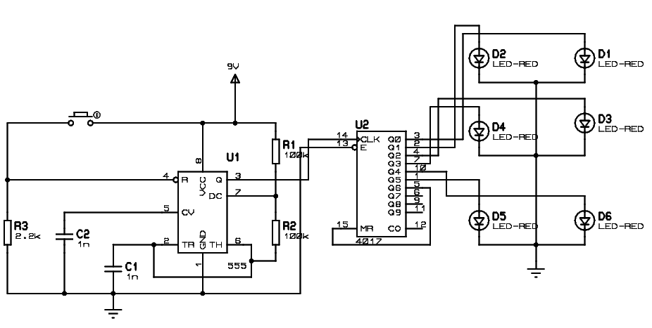 Circuit Diagram of Unbiased Digital Dice With LEDs