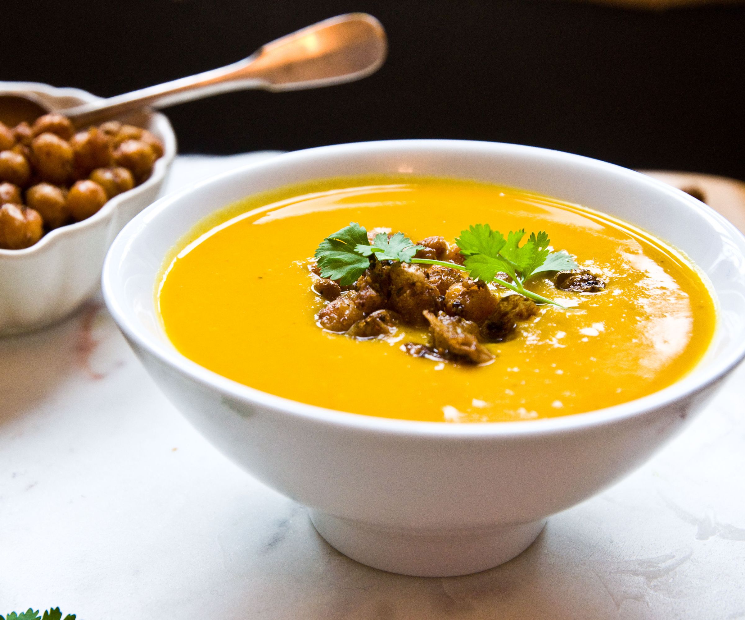 Sweet Potato, Turmeric & Coconut Soup With Chickpea Croutons