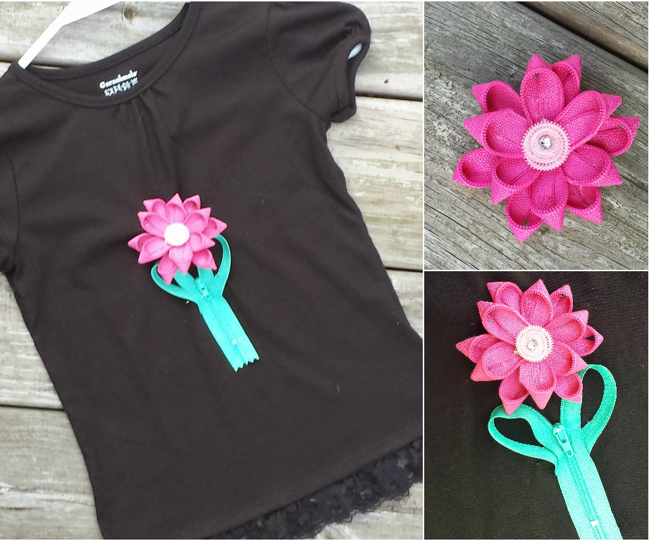 Zipper Rosette decorated t-shirt with detachable brooch