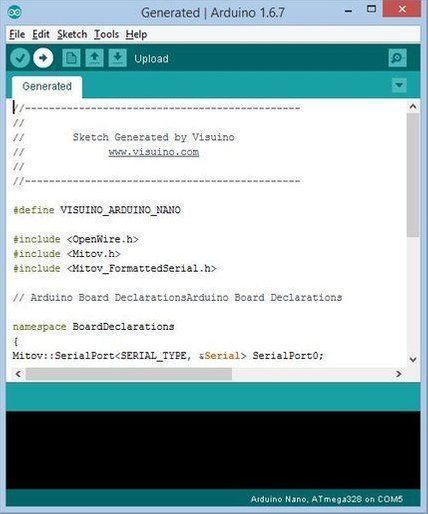 In Visuino, Press F9 or Click on the Button Shown on Picture 1 to Generate the Arduino Code, and Open the Arduino IDE  in the Arduino IDE, Click on the Upload Button, to Compile and Upload the Code (Picture 2) photo 2