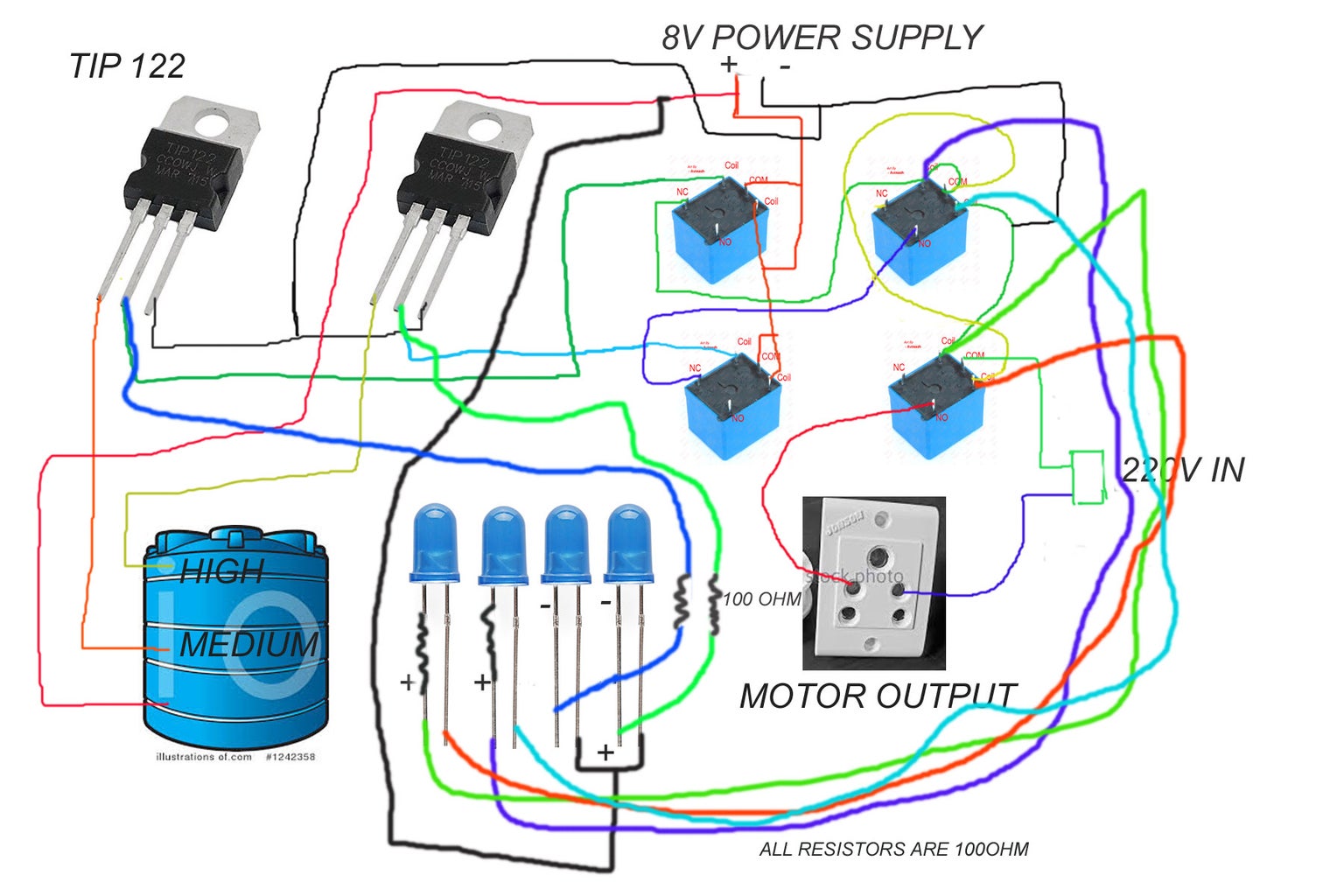 AUTOMATIC WATER LEVEL CONTROLLER : 3 Steps (with Pictures) Circuit Diagram