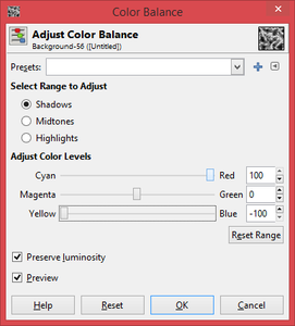 Click on Shadows, and Set the "Cyan>Red" Bar to 100 and the "Yellow>Blue" Bar to -100