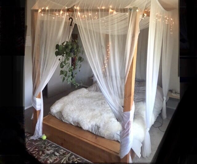 Wooden Canopy Bed Frame With Storage Compartment