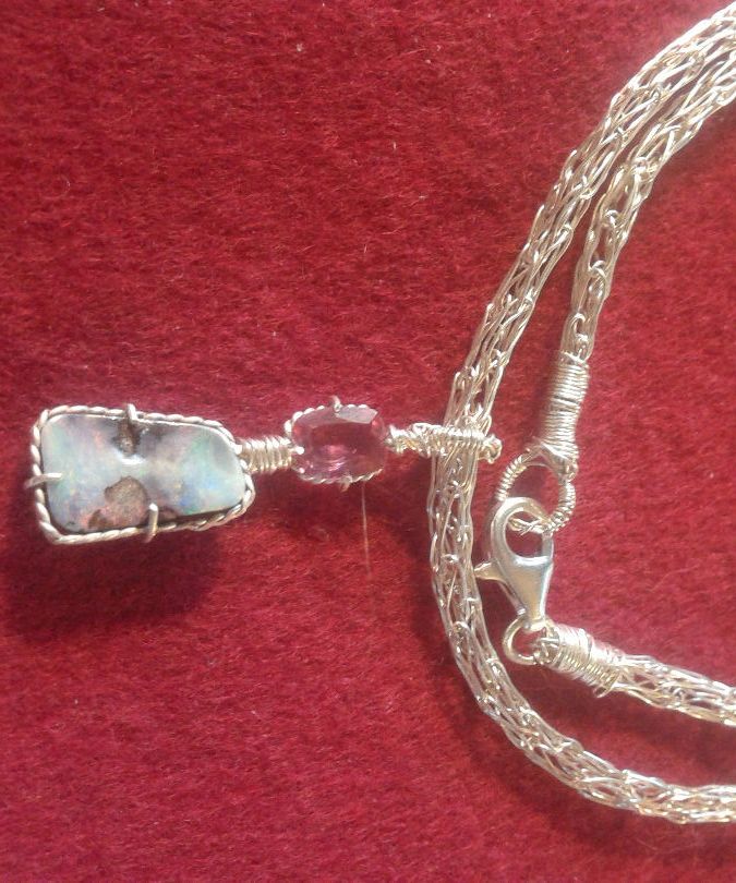 Woven Silver Necklas With Opal/Turmaline Pendant 