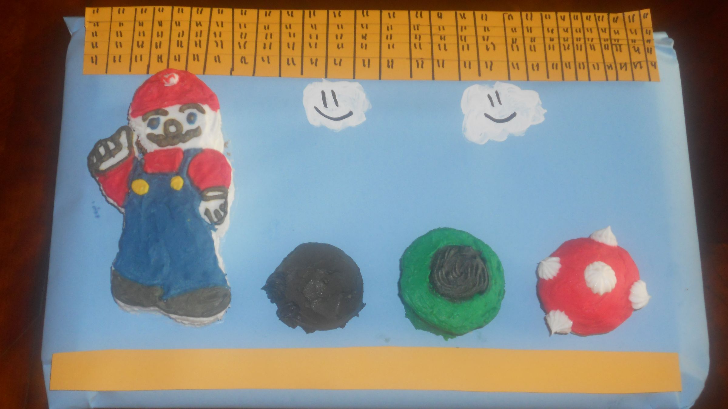 Mario, Mushroom, Goomba, and Tube Cakes