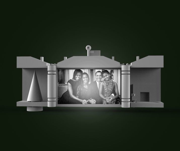 White House Ornament (with Light Up Obama Family Portrait & Interactive Elements)