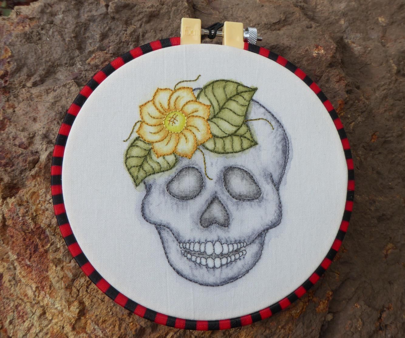 Day of the Dead Skull Embroidery Using Inktense Pencils, Plus a Super Quick Embroidery Display Tip