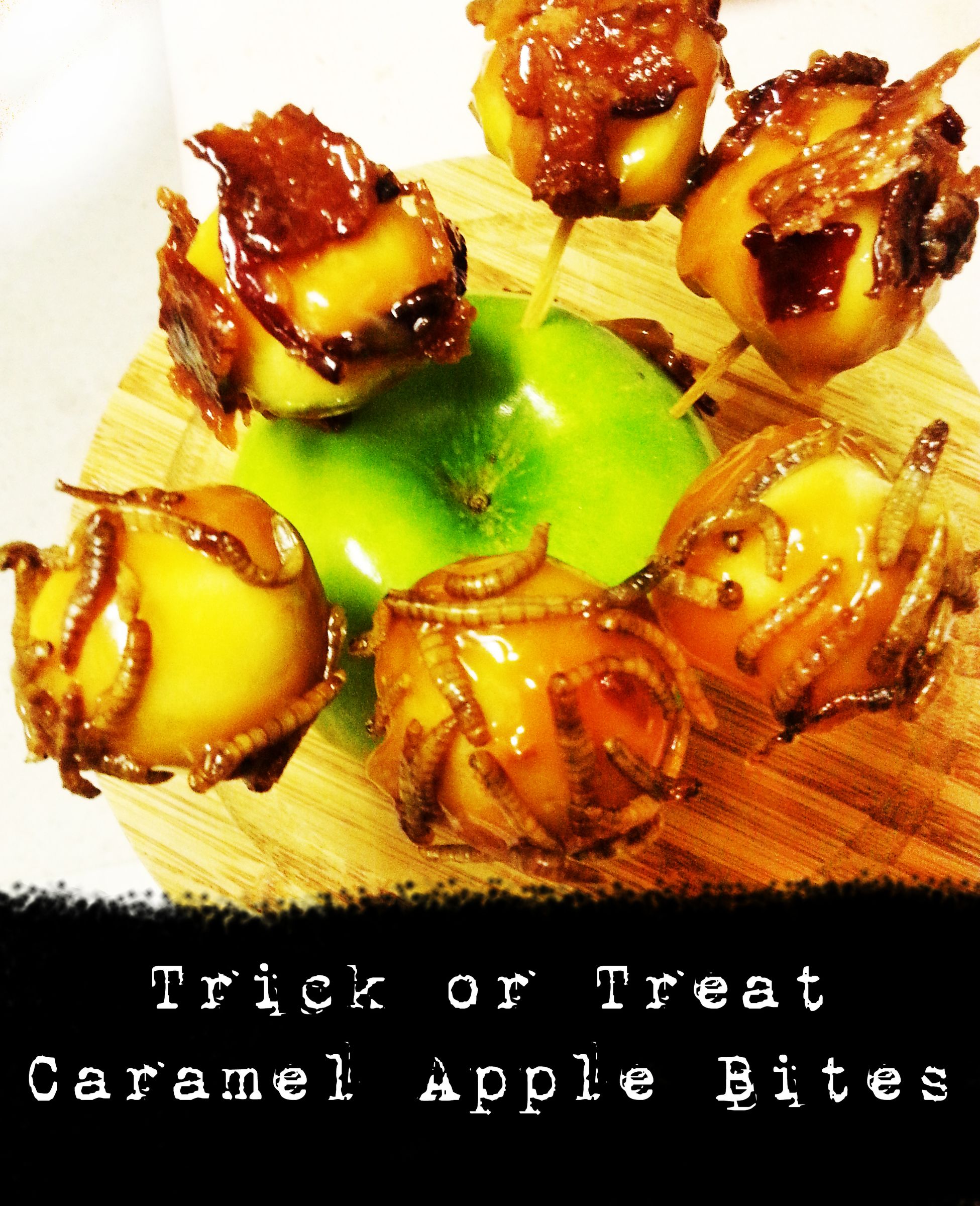 Trick or Treat Caramel Apple Bites With Candied Bacon and Mealworms 4