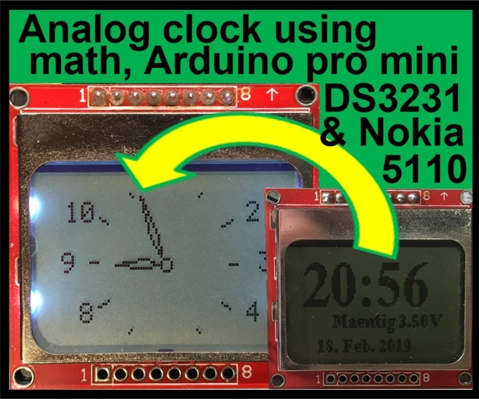 Analog Clock Using Math, Arduino Pro Mini, DS3231 and Nokia 5110
