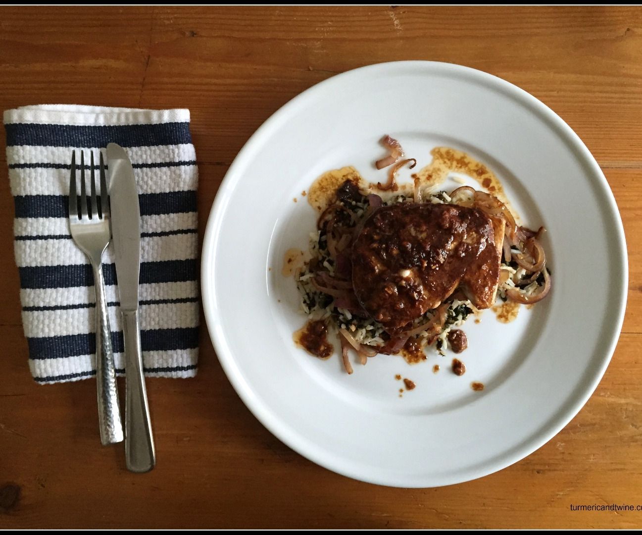 Savory Albacore Tuna Steak With Saffron Seaweed Rice and Golden Onions 