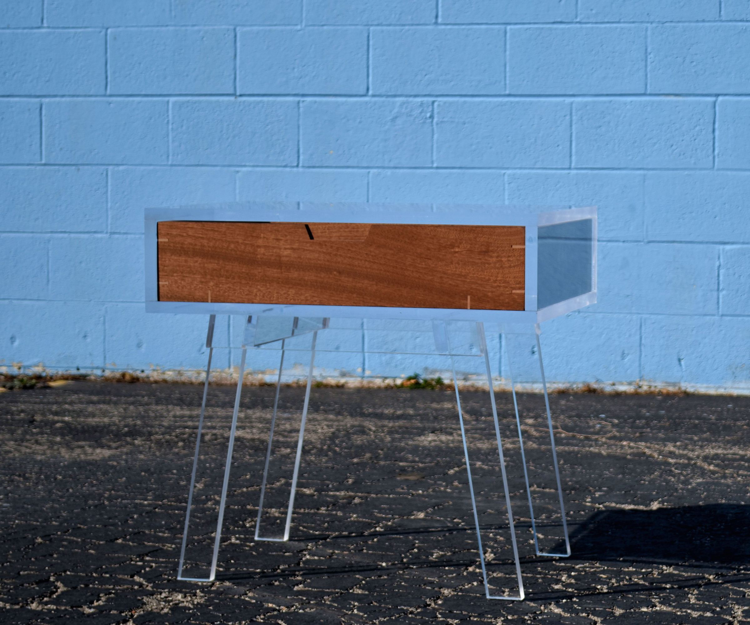 Acrylic Side Table W/ Floating Mahogany Drawer