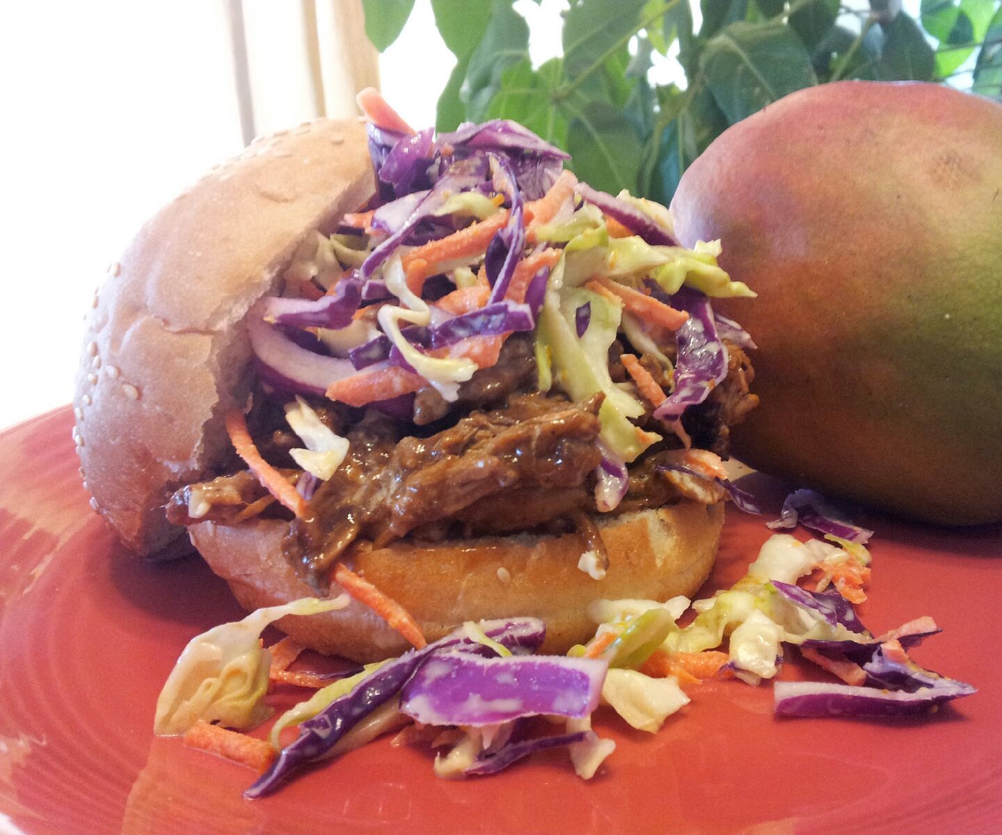 No Smoke Pulled Pork in Mango BBQ Sauce With Orange Flavored Cole Slaw