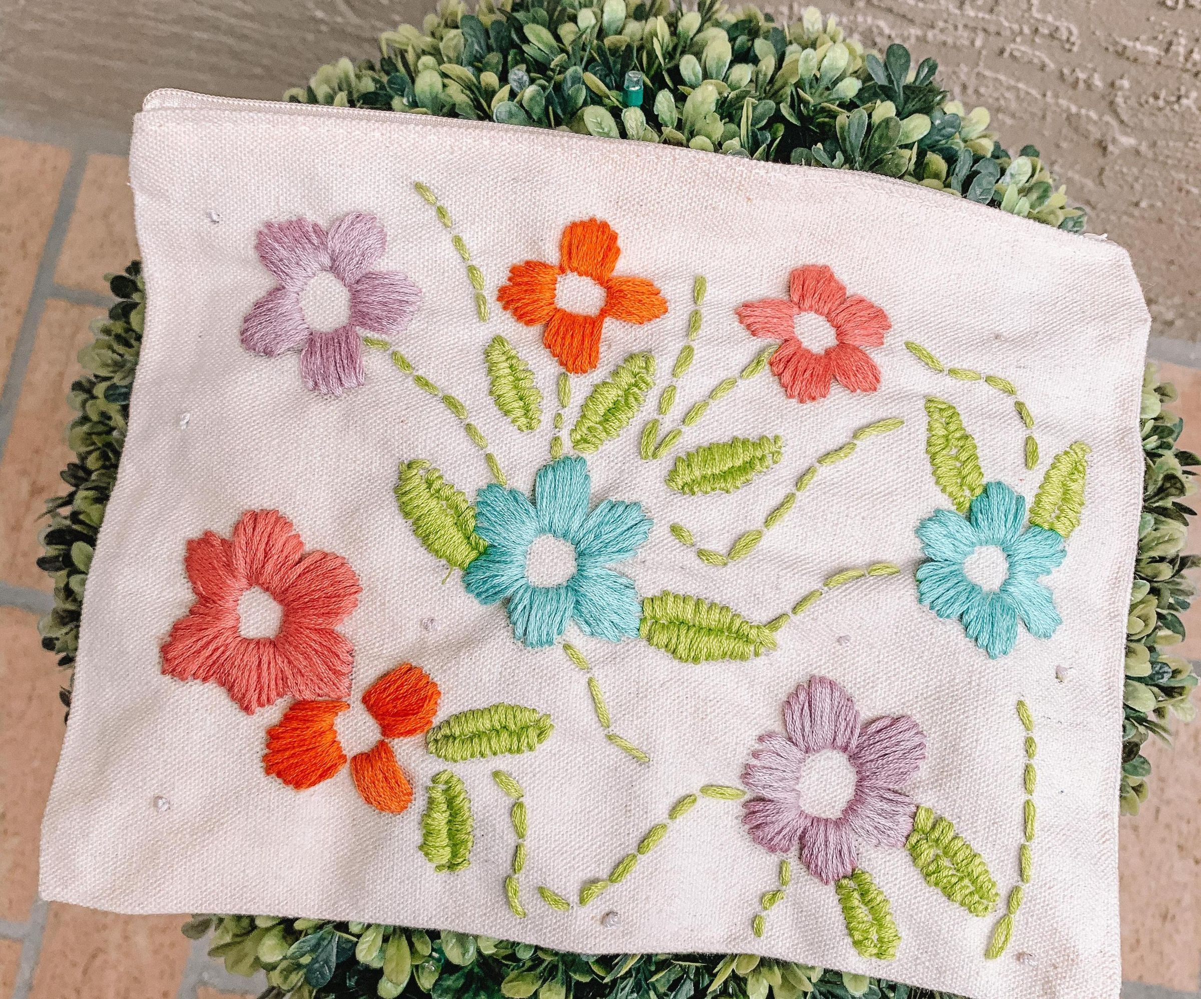 Embroidered Floral Canvas Pouch