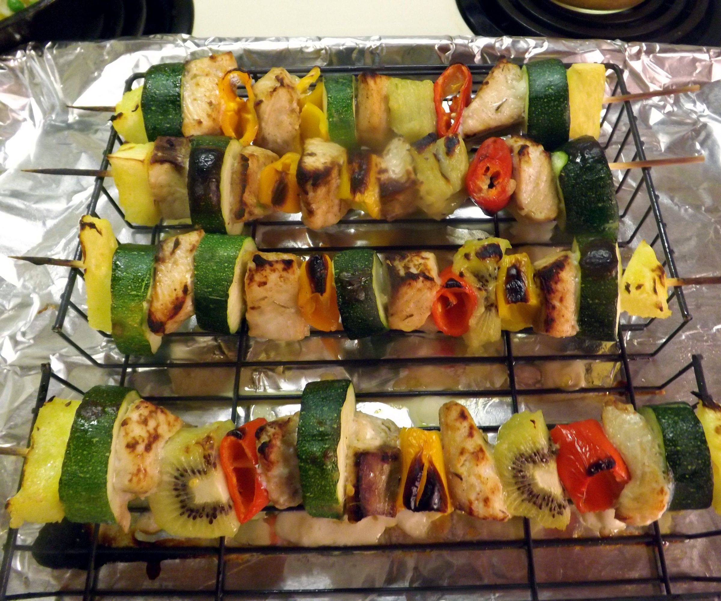 WILD SALMON KABOBS WITH SWEET PEPPERS, PINEAPPLE, AND ZUCCHINI