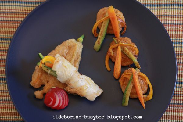 Cajun Fish Rolls With Vegetable Sticks and Fried Courgette Flowers