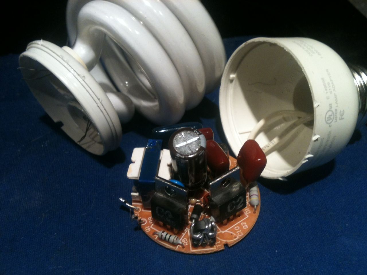 Useful Components in the Base of a Burned Out CFL Light Bulb.