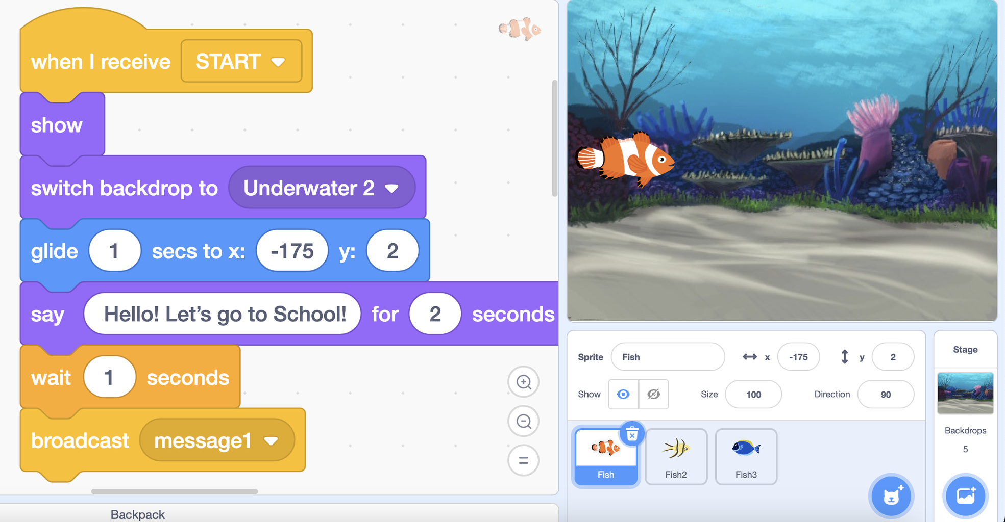 How to Make a Short Story in Scratch- THE STORY OF THE LOST FISH. : 10 ...