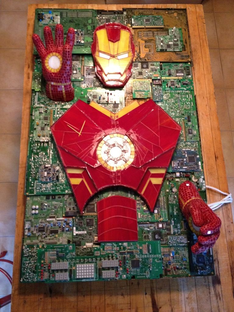 Iron Man Using Computer Iron Man Mixed-Media Stained Glass Computer Component Mosaic : 10 Steps ...