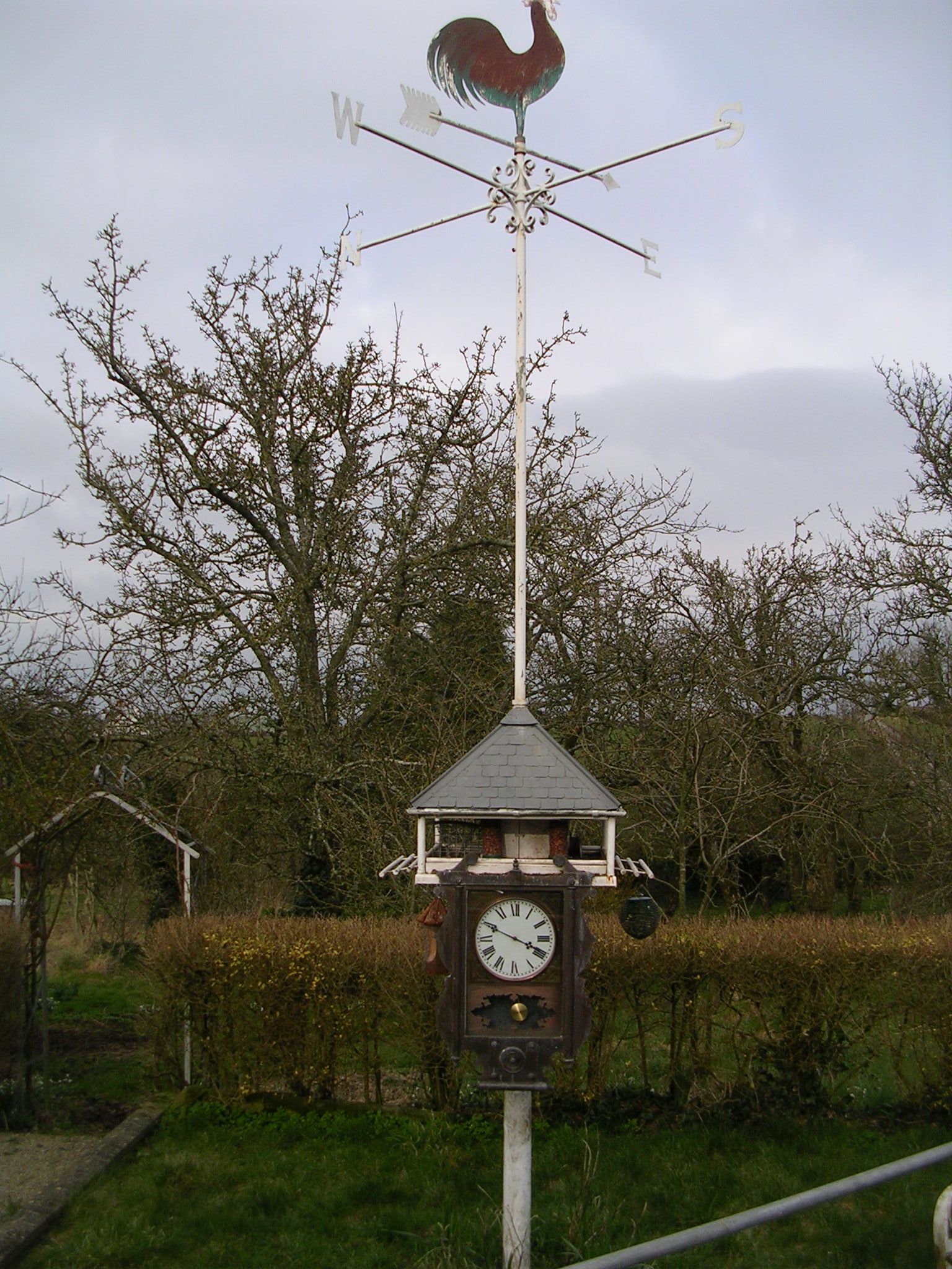 All in One Brass Garden Clock, Bird Table and Weather Vane