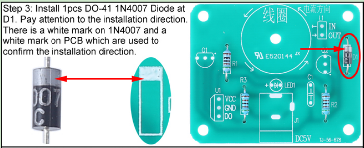 Install 1pcs DO-41 1N4007 Diode at D1