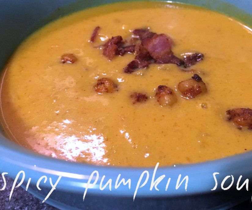 Spicy Pumpkin Soup With Bacon and Spicy Fried Chickpeas