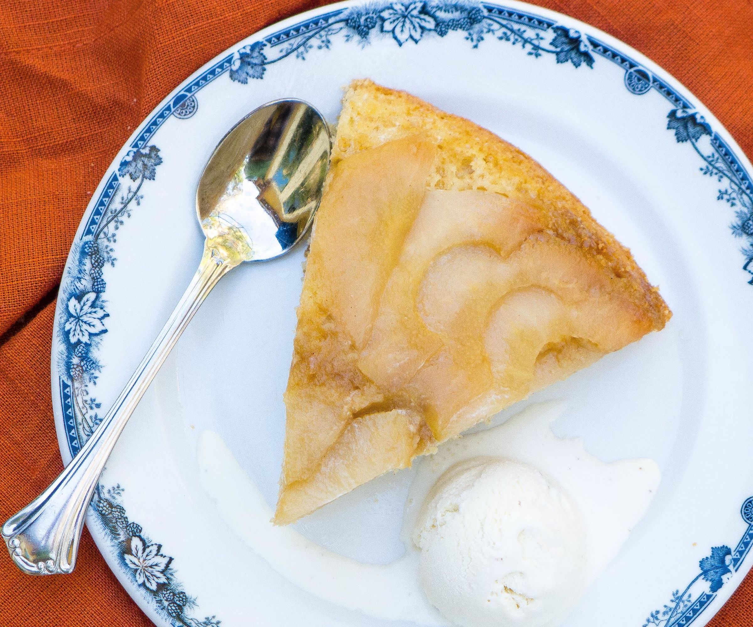 Upside Down Pear Cake Baked in a Cast Iron Skillet