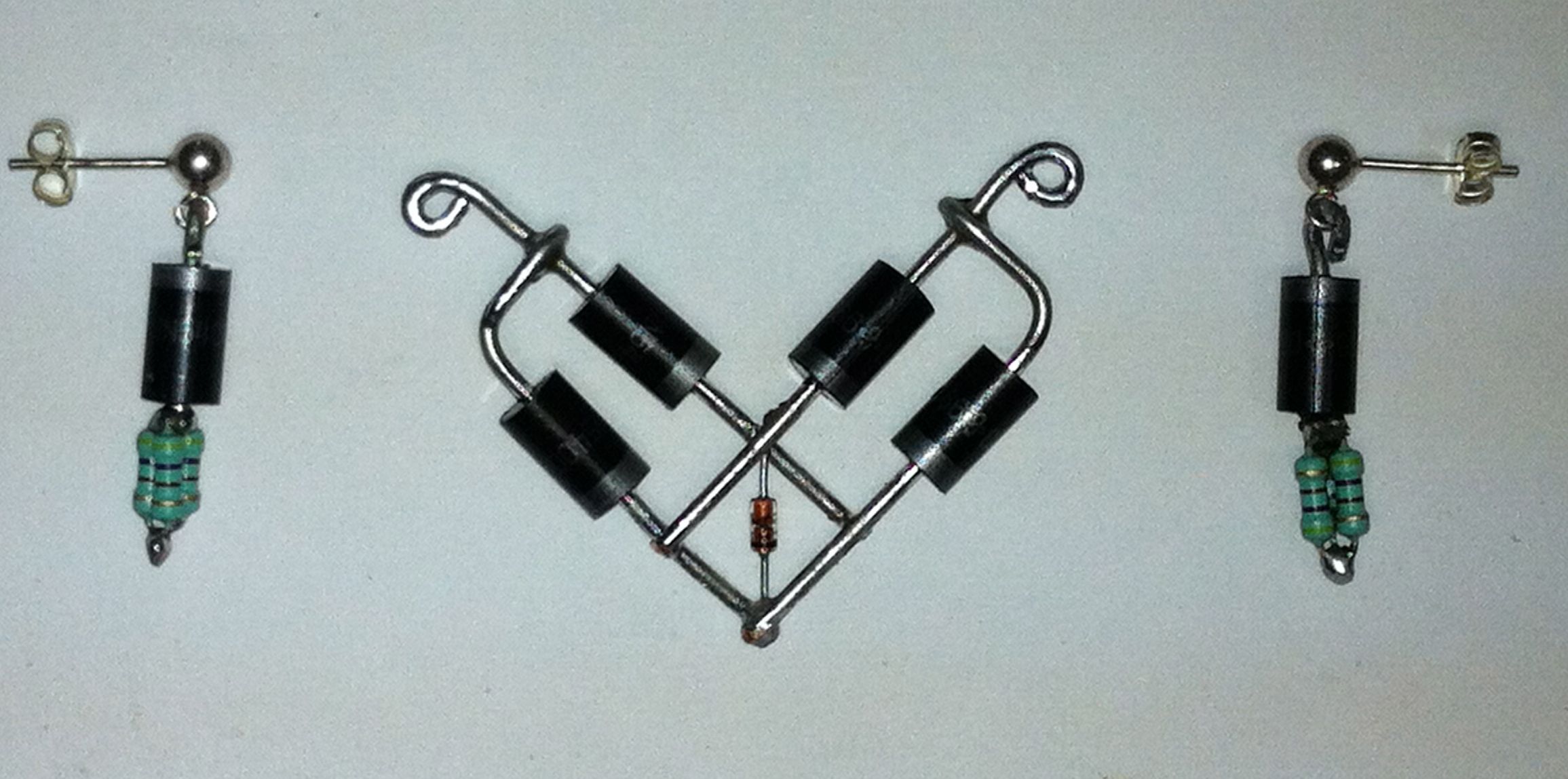 Geeky Diode Valantine Heart Pendent and Diode and Resistor Earrings.